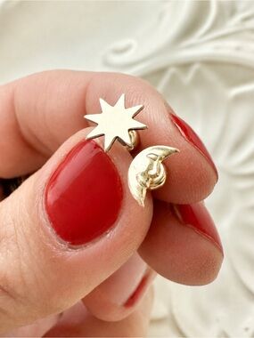 14k Gold Filled Moon & Sun Stud Earrings Moon Face Earrings Sunburst